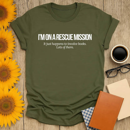 Green unisex Book Rescue Mission T-Shirt for book lovers, featuring screen-printed design on breathable fabric.