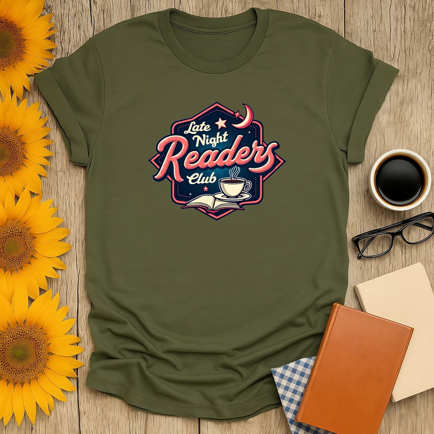 Late Night Readers Club t-shirt featuring a cozy design with a cup and book, perfect for cat, coffee, or tea-loving bookworms.