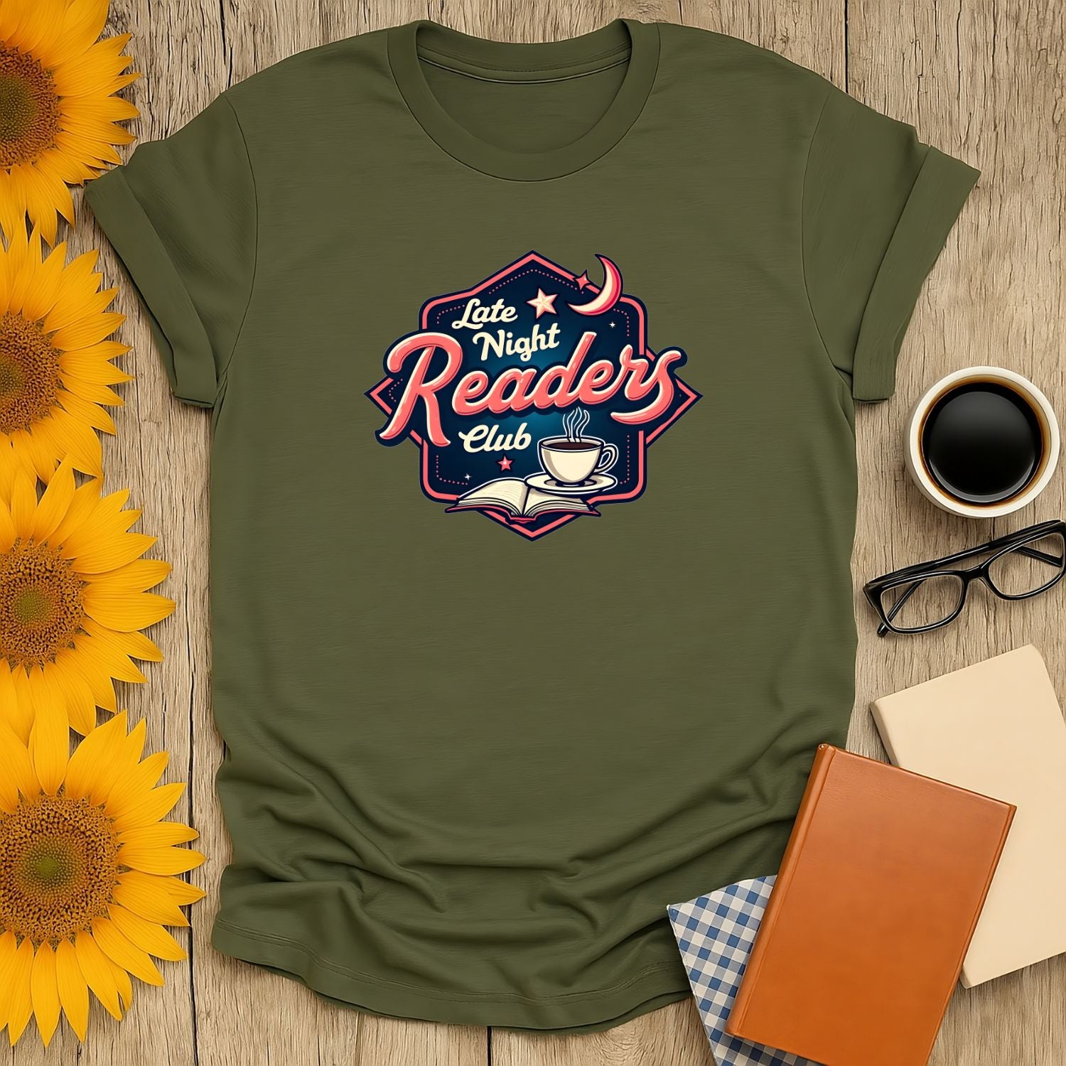 Late Night Readers Club t-shirt featuring a cozy design with a cup and book, perfect for cat, coffee, or tea-loving bookworms.