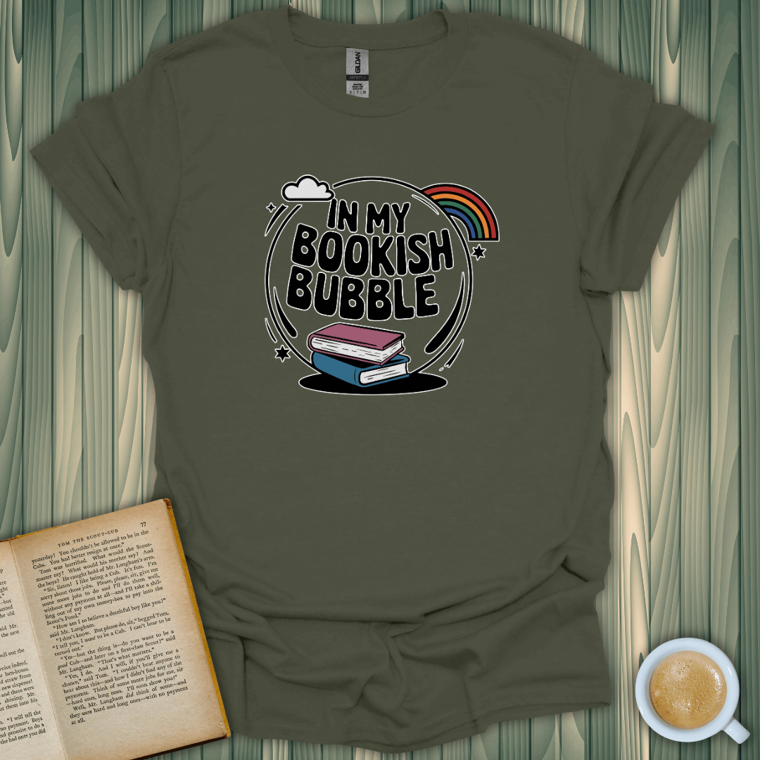 Unisex My Bookish Bubble T-Shirt in olive green, perfect for book lovers, featuring a cozy design with books and a rainbow.