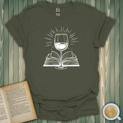 Literary Libations T-Shirt for book lovers, featuring a glass and open book design, made of soft, breathable cotton.