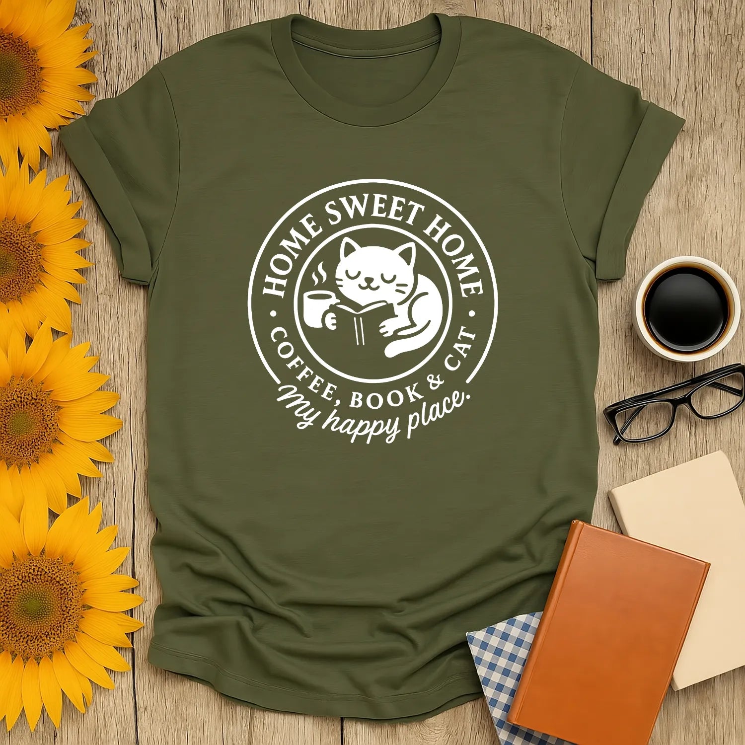Cozy cat reading shirt with a cat, book, coffee, and text saying 'Home Sweet Home, My happy place'—perfect gift for book lovers.