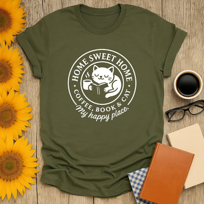 Cozy cat reading shirt with a cat, book, coffee, and text saying 'Home Sweet Home, My happy place'—perfect gift for book lovers.