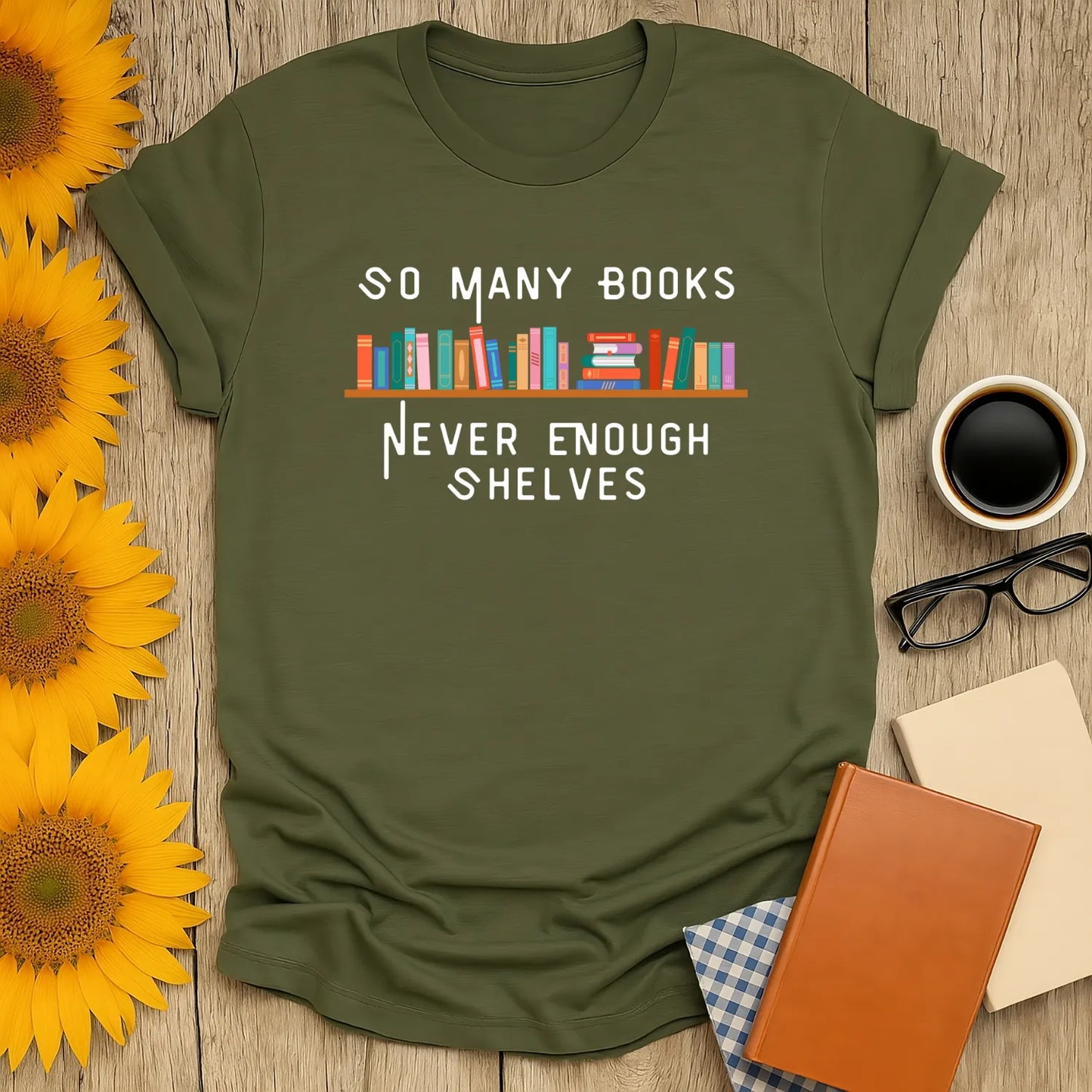 Shelf Struggles T-Shirt: Cozy organic cotton tee for book lovers, featuring a colorful bookshelf design. Ideal gift for readers! 📖