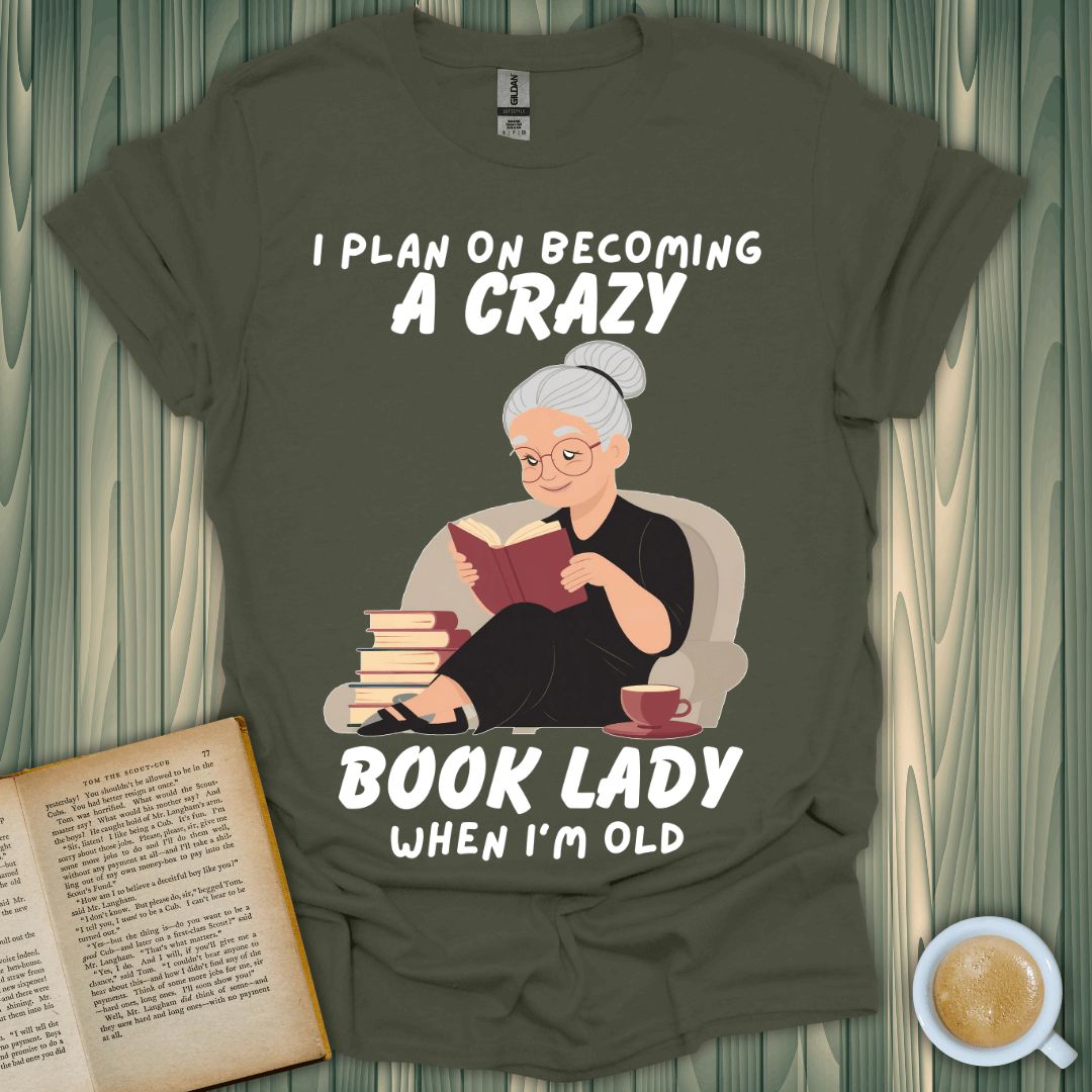 Future Crazy Book Lady T-Shirt featuring a joyful grandma reading, perfect for book lovers and future bibliophiles.