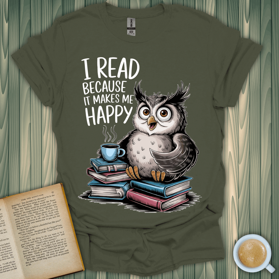 Happy Reader T-Shirt featuring an owl, books, and a coffee cup, perfect for book lovers.