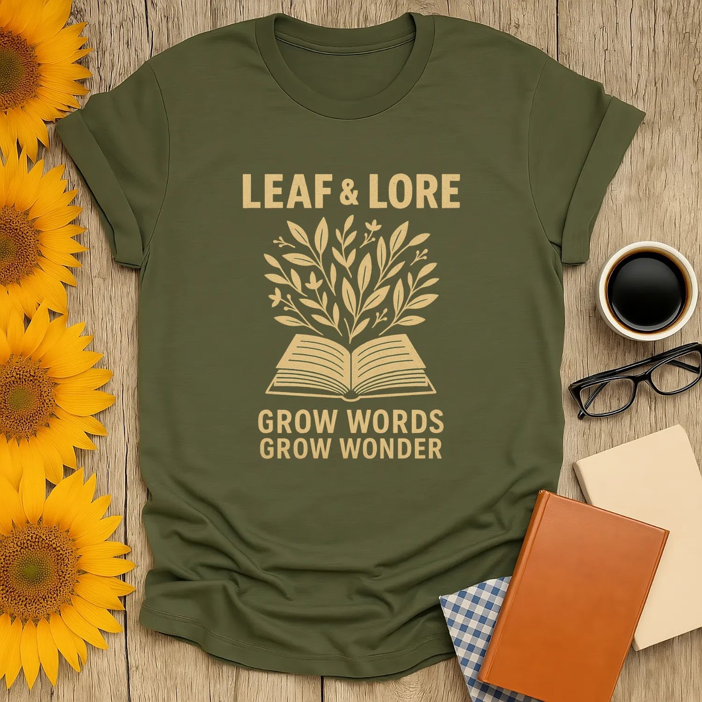 Leaf & Lore tee featuring an open book with leaves sprouting, perfect gift for book lovers who enjoy cats, coffee, or tea.