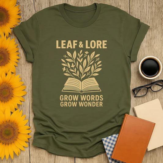 Leaf & Lore tee featuring an open book with leaves sprouting, perfect gift for book lovers who enjoy cats, coffee, or tea.