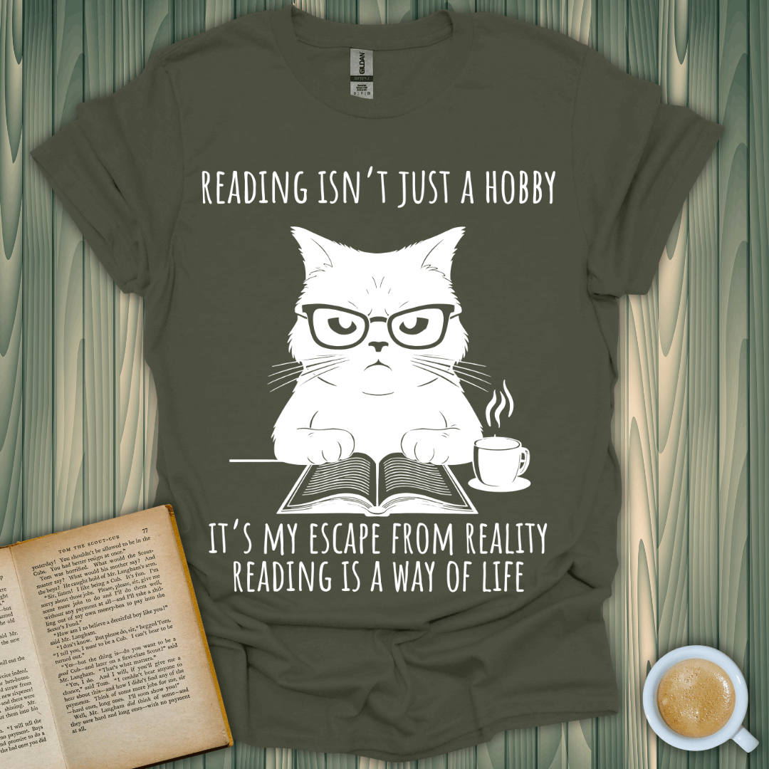 Reading Way of Life T-Shirt featuring a cat, ideal for book lovers. Fun design with a reading quote.