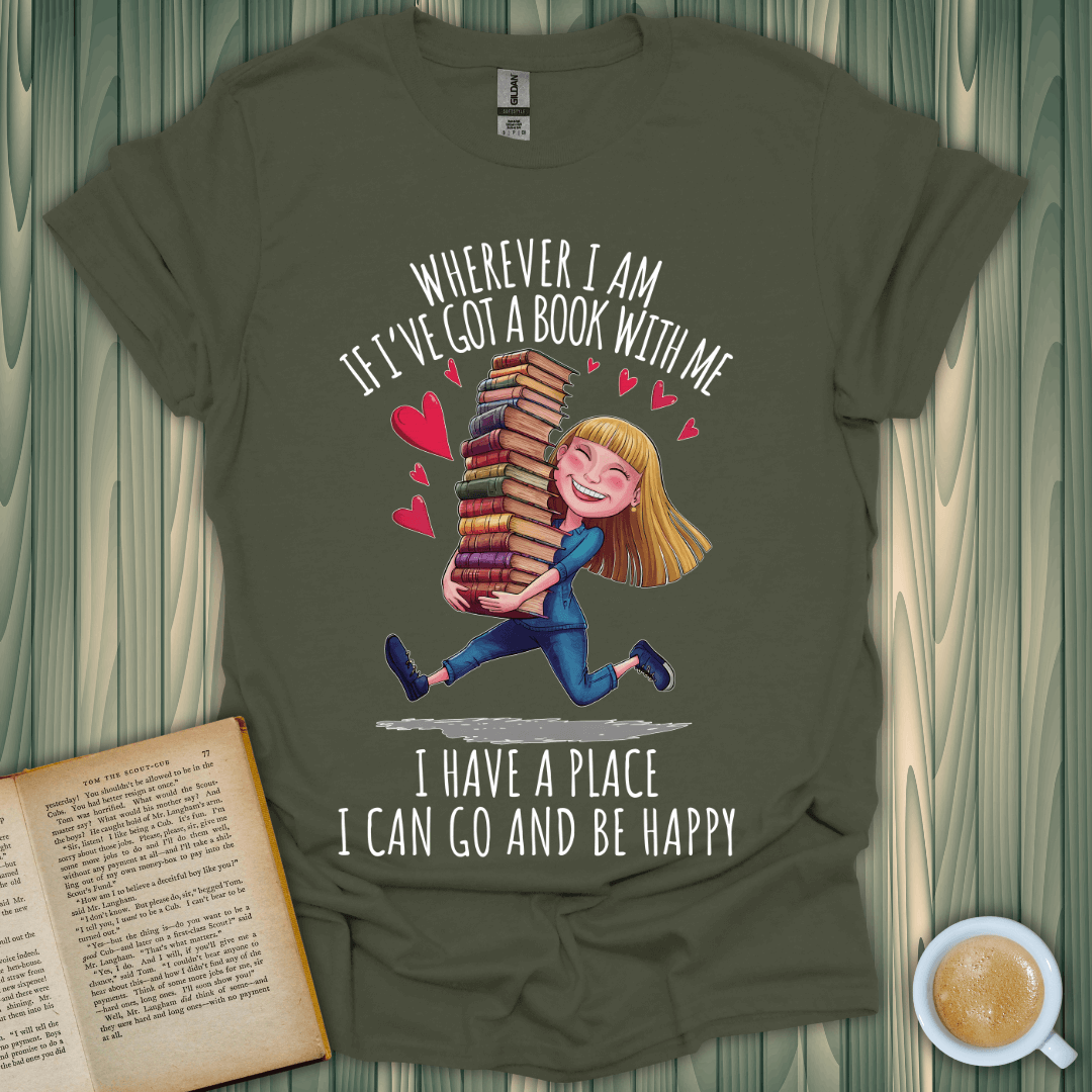 Book lover t-shirt featuring a girl joyfully carrying books with a heartwarming quote. Perfect for book enthusiasts!