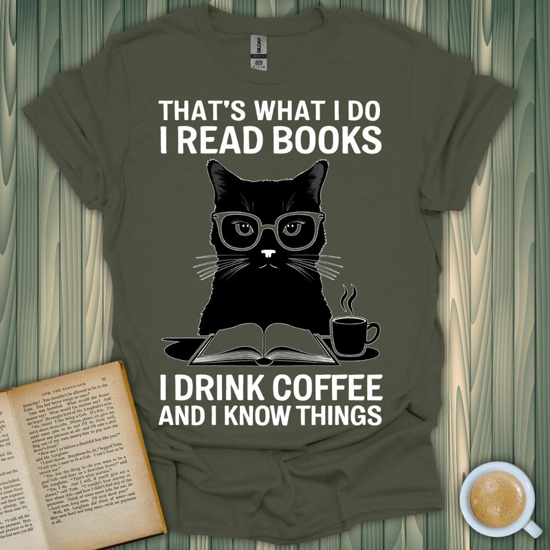 Coffee & Cat Wisdom T-Shirt featuring a cat in glasses with the quote about reading books and drinking coffee.