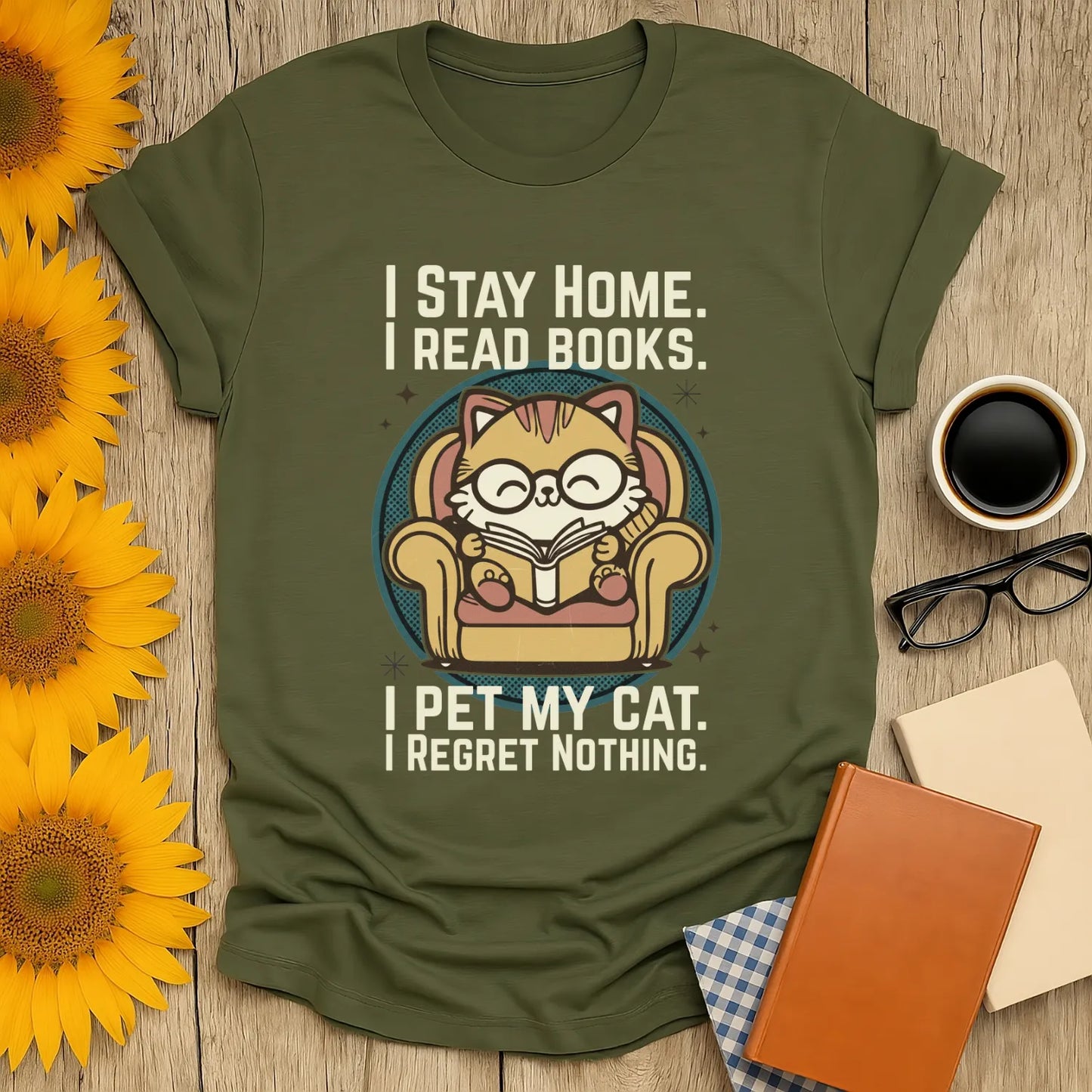 Retro Cat Reader T-Shirt featuring a cat in glasses reading on a chair with text about staying home and pets, perfect gift for book lovers.