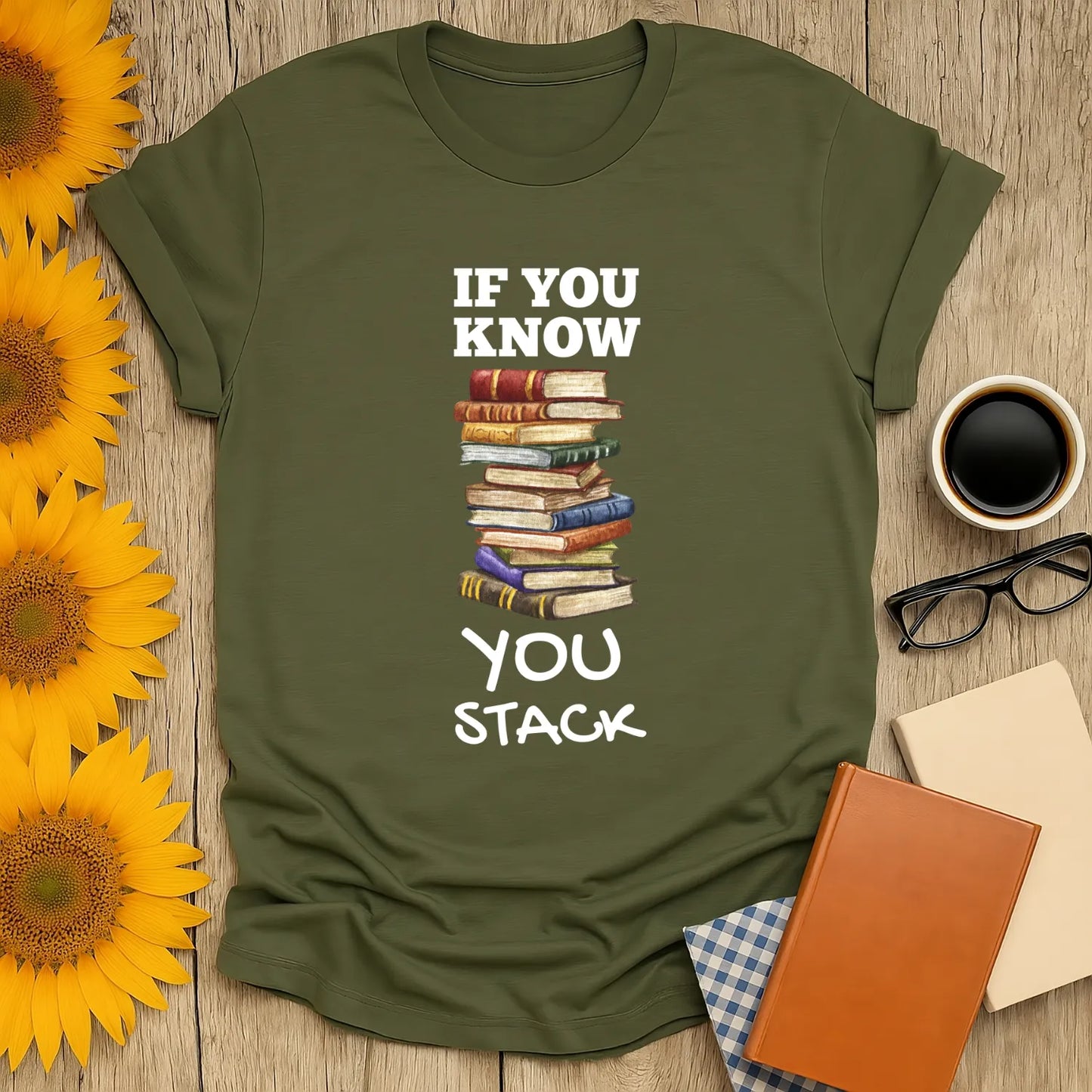 Stack Life T-Shirt showcasing a cozy reading aesthetic with a playful book design, perfect for book lovers and introverts.