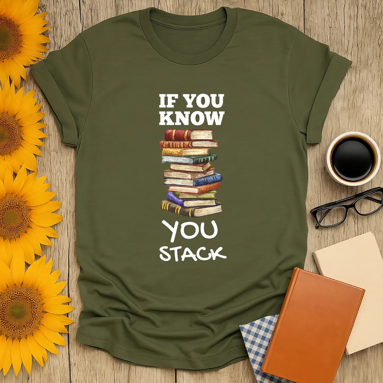 Stack Life T-Shirt showcasing a cozy reading aesthetic with a playful book design, perfect for book lovers and introverts.
