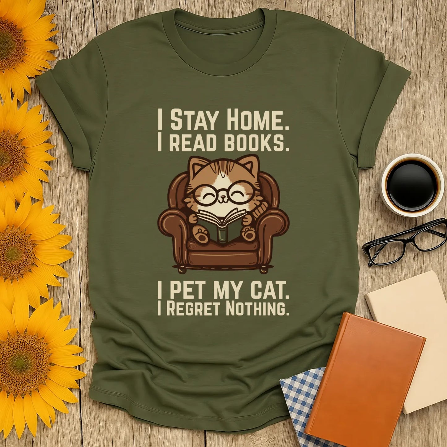 Armchair Cat Reader T-Shirt featuring a cozy cat in glasses reading on a big armchair, perfect for book lovers and gifts for readers.