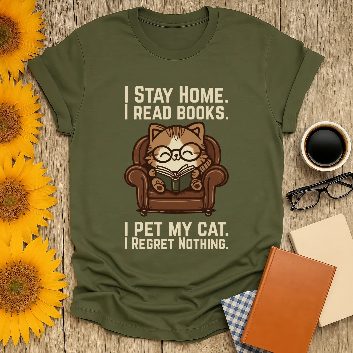 Armchair Cat Reader T-Shirt featuring a cozy cat in glasses reading on a big armchair, perfect for book lovers and gifts for readers.