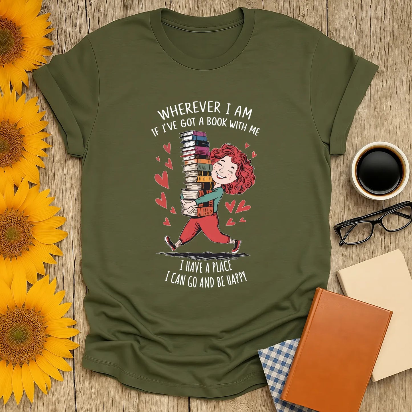 Bookish Escape T-Shirt featuring a cheerful character with books, relaxed fit unisex tee, perfect gift for readers 📖.
