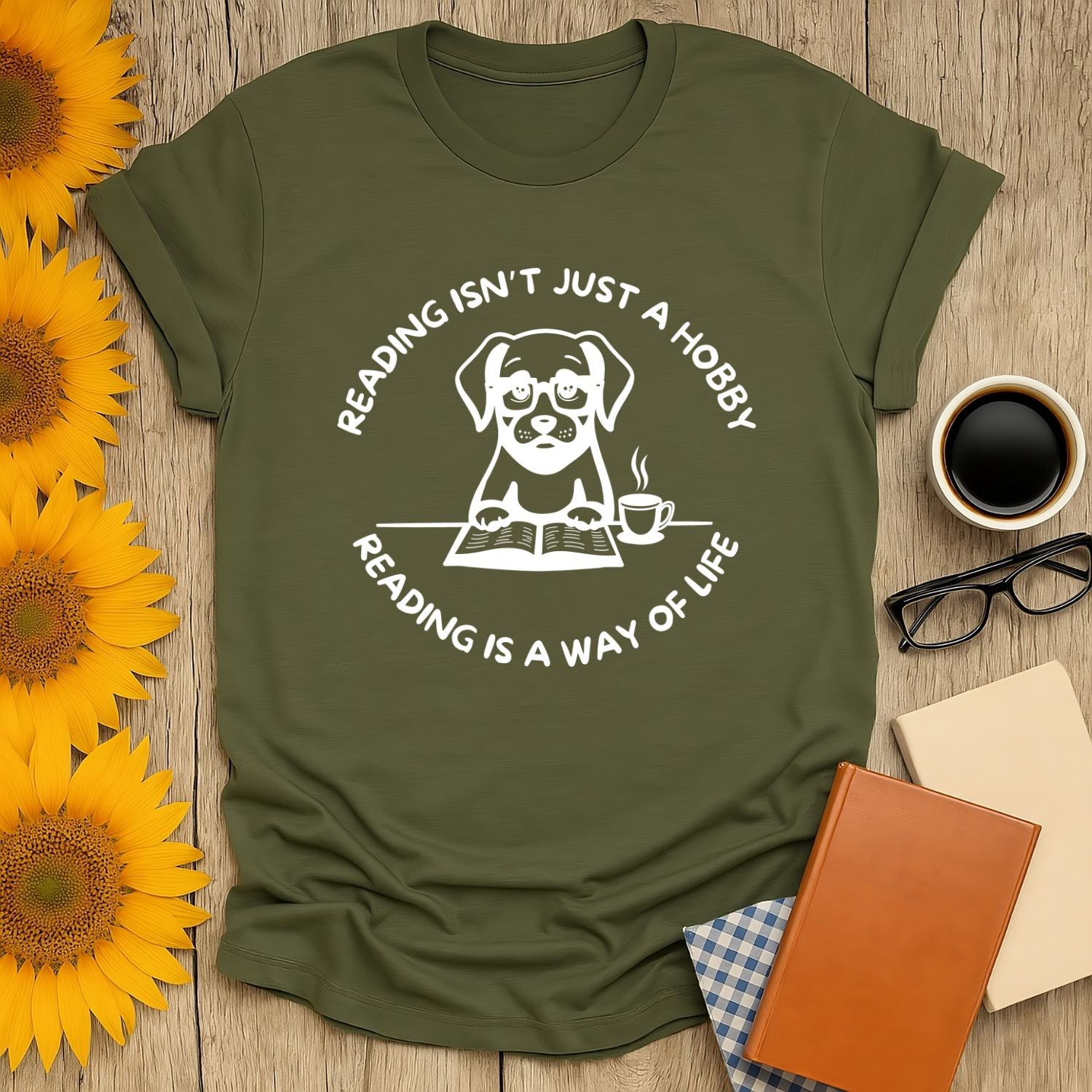 Unisex Literary Escape T-Shirt in olive green featuring a dog design and reading quote, perfect for book lovers.