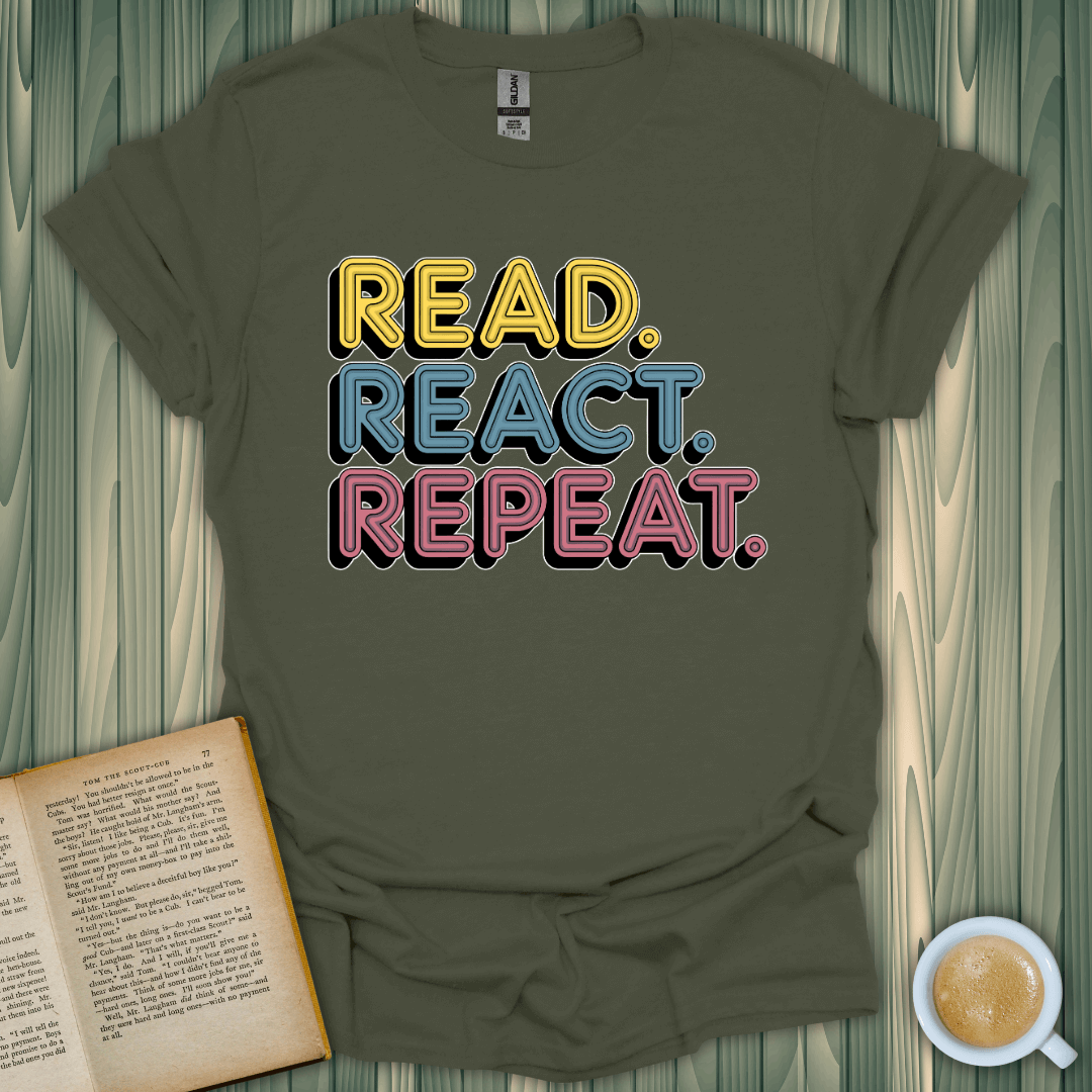 Read. React. Repeat. T-Shirt for book lovers, 100% cotton, unisex fit, breathable fabric, designed by BookedTees.