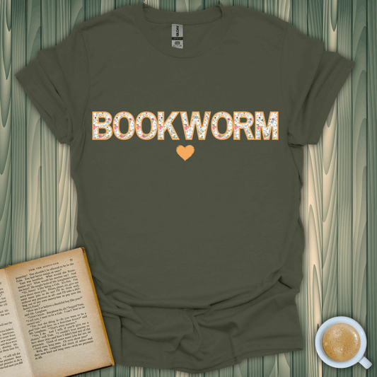 Floral Bookworm T-Shirt, a comfy book lover t-shirt in olive green, showcasing a stylish floral design.