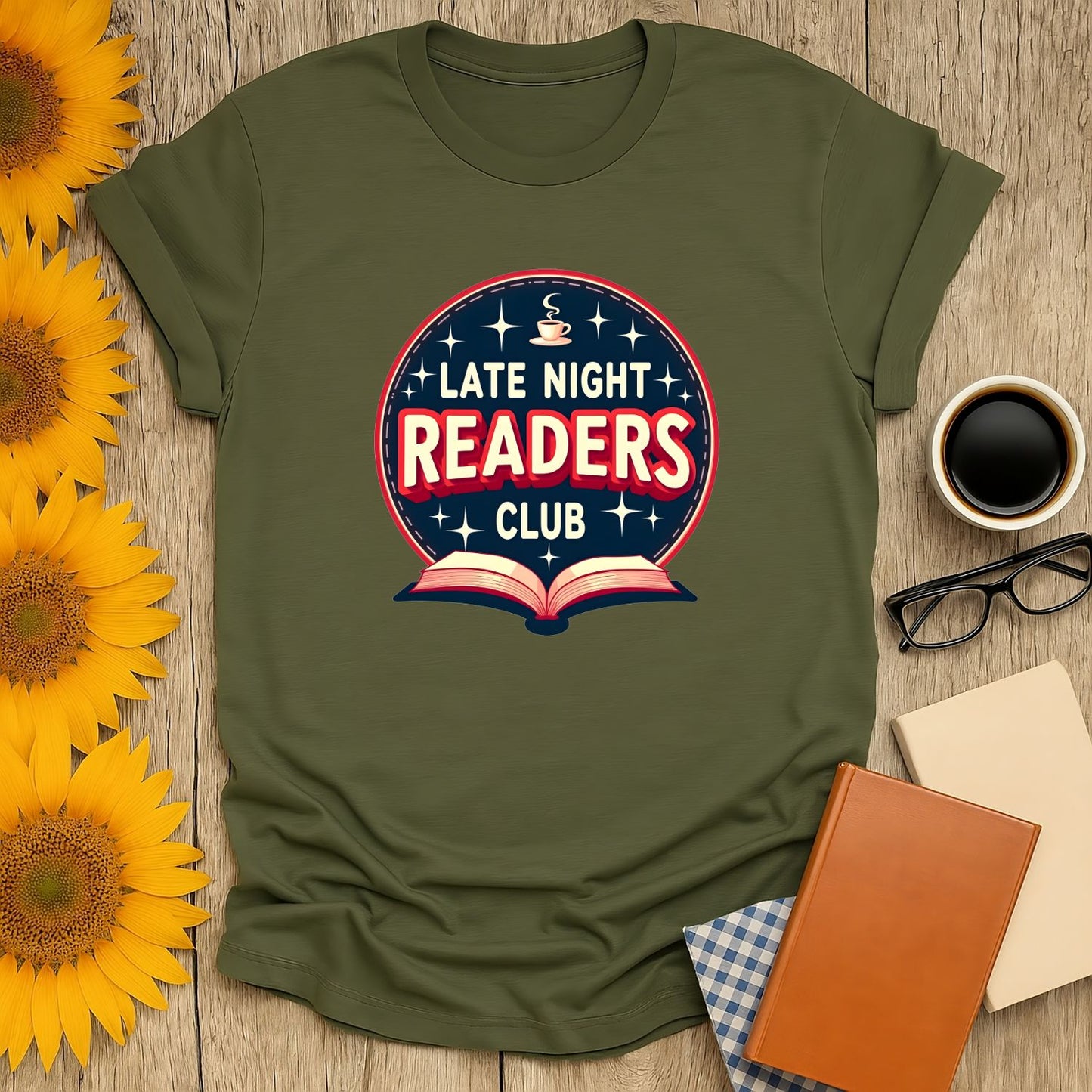 Late Night Readers Club tee featuring an open book, coffee cup, and playful text—perfect cozy shirt for book lovers.