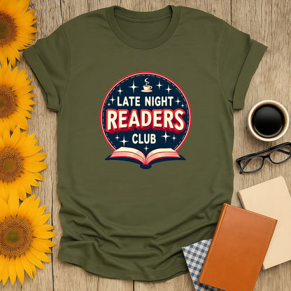 Late Night Readers Club tee featuring an open book, coffee cup, and playful text—perfect cozy shirt for book lovers.