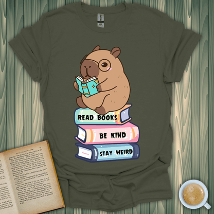 Capybara Reader T-Shirt in olive green featuring a cute capybara reading on colorful books. Perfect for book lovers!