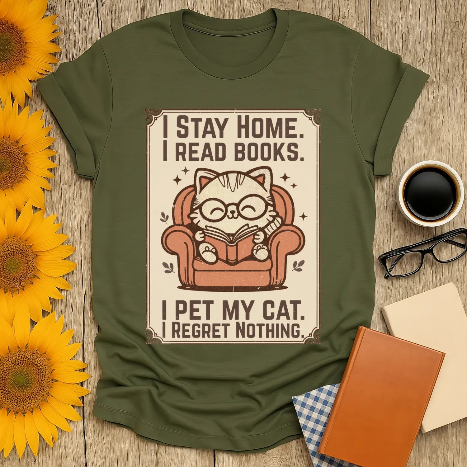 Poster Cat Reader T-Shirt featuring a cozy cat in glasses reading on a chair, perfect gift for book lovers and cat fans.
