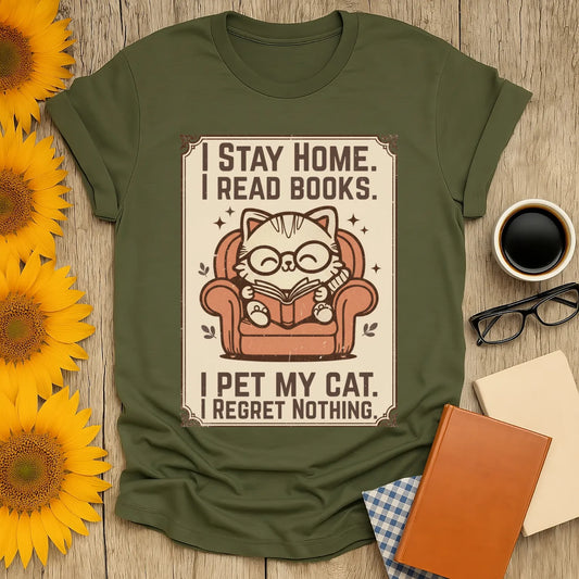 Poster Cat Reader T-Shirt featuring a cozy cat in glasses reading on a chair, perfect gift for book lovers and cat fans.