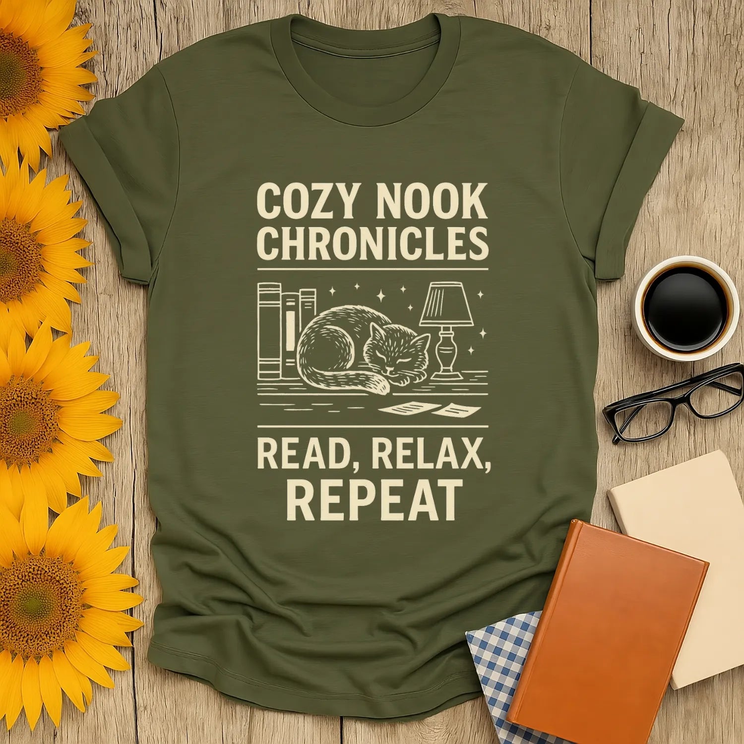Cozy Nook Chronicles shirt featuring a cat, books, and 'Read, Relax, Repeat' - perfect gift for book lovers and cat fans.