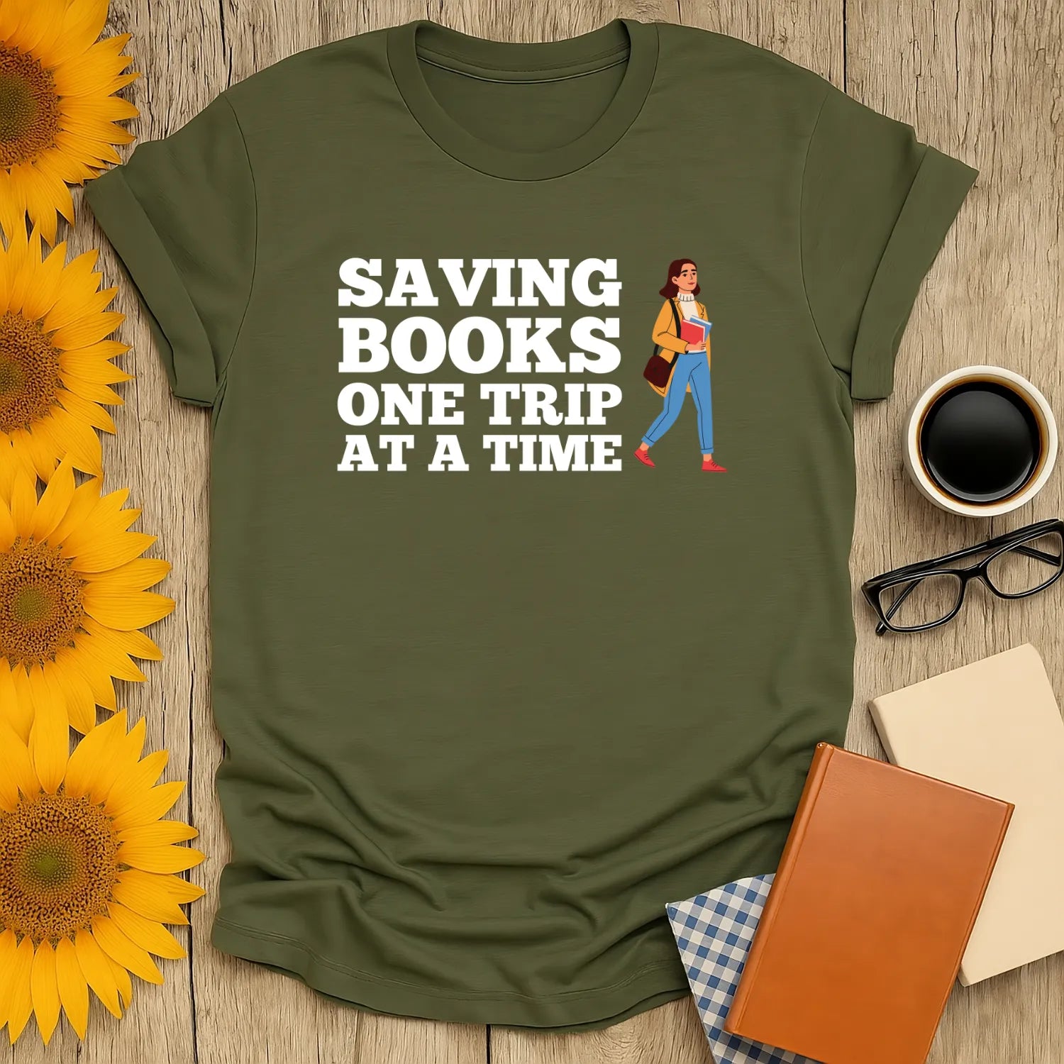Book lover shirt with 'Saving Books One Trip at a Time' text, featuring a girl carrying books, perfect for cozy reading lovers.
