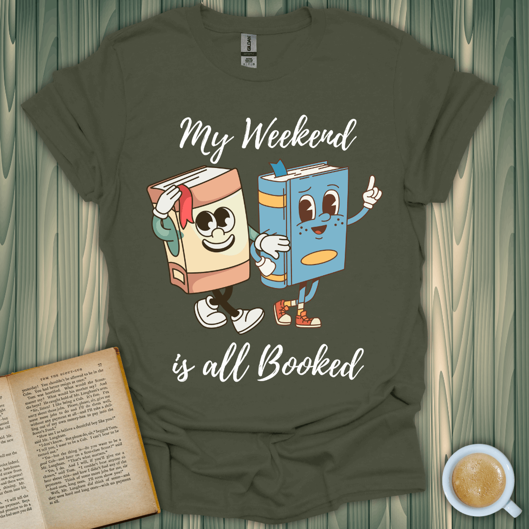 My Weekend is All Booked t-shirt featuring playful book characters, perfect for book lovers, made from soft ring-spun cotton.