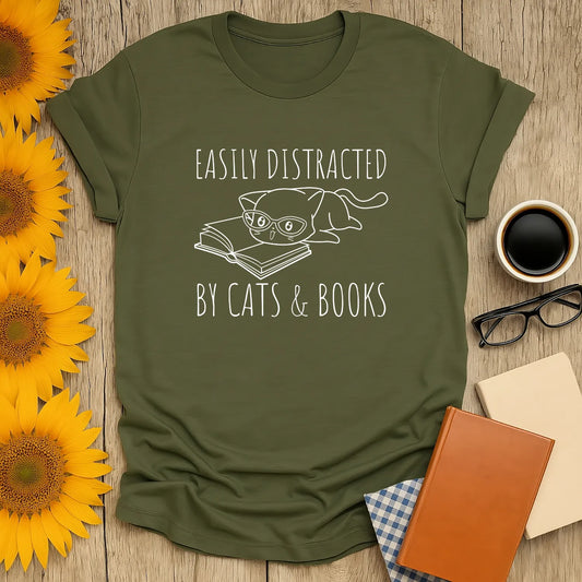 Easily Distracted by Cats & Books shirt, perfect cozy tee for book lovers and cat enthusiasts.