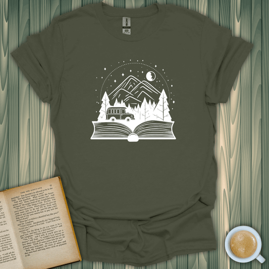 Cover to Cover Trip T-Shirt featuring a scenic design for book lovers, made of breathable cotton and shipped from the USA.