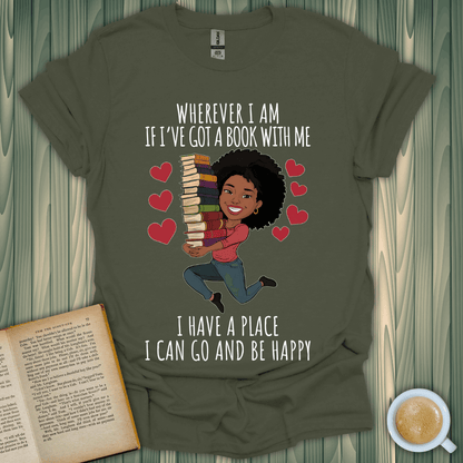 Book lover t-shirt design with a character holding stacked books, featuring a positive reading quote.