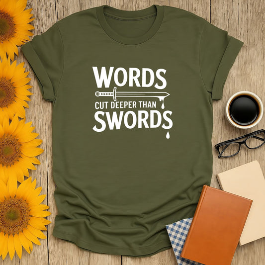 Olive green unisex t-shirt with 'Words Cut Deeper Than Swords' printed, perfect for book lovers.