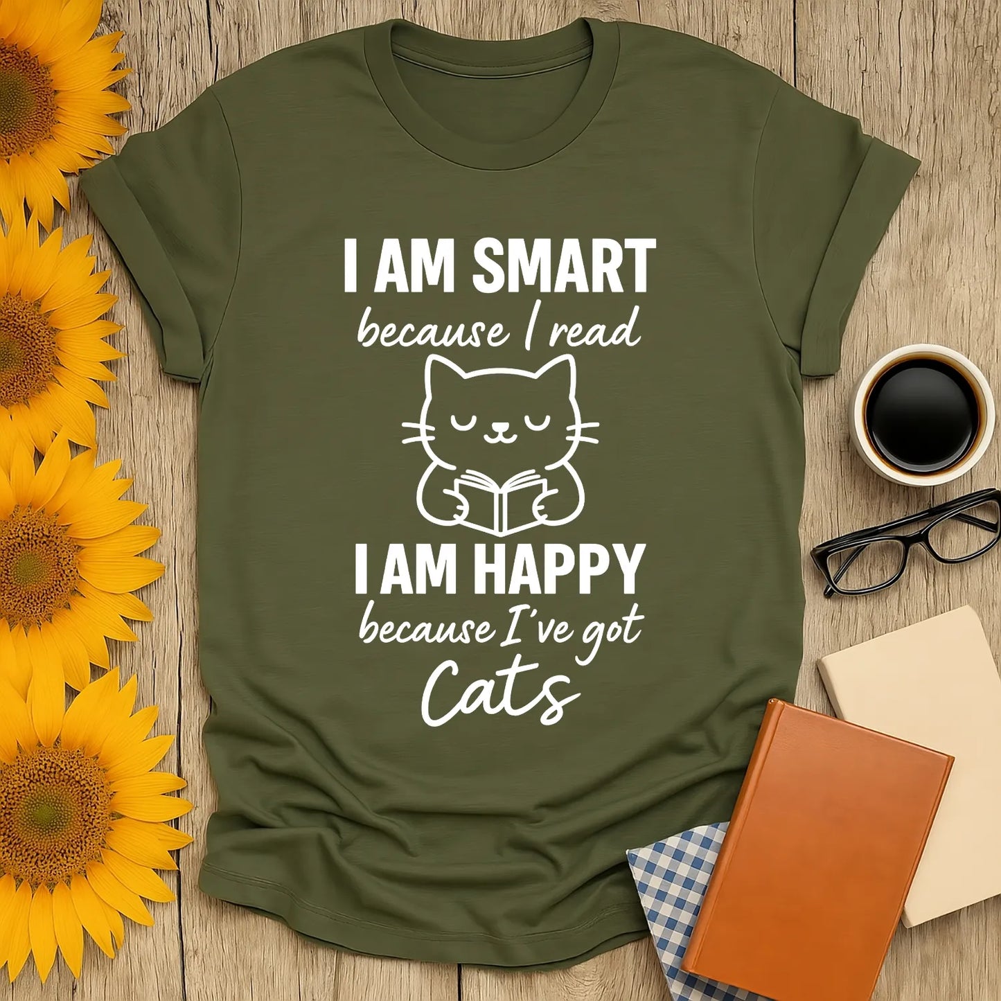 I Am Smart & Happy t-shirt with a cat reading, perfect for book lovers and gifts for readers who adore furry friends.