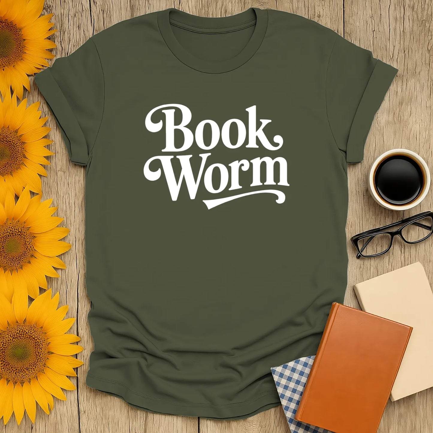 Bookworm Minimal T-Shirt with 'Book Worm' text, perfect gift for cat, coffee, or tea-loving book lovers.