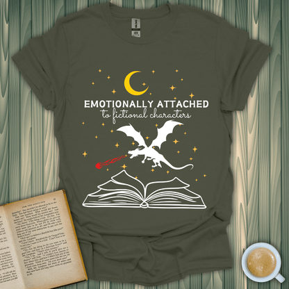 Fictional Characters T-Shirt for book lovers, featuring a dragon and open book design, 100% cotton, unisex fit.