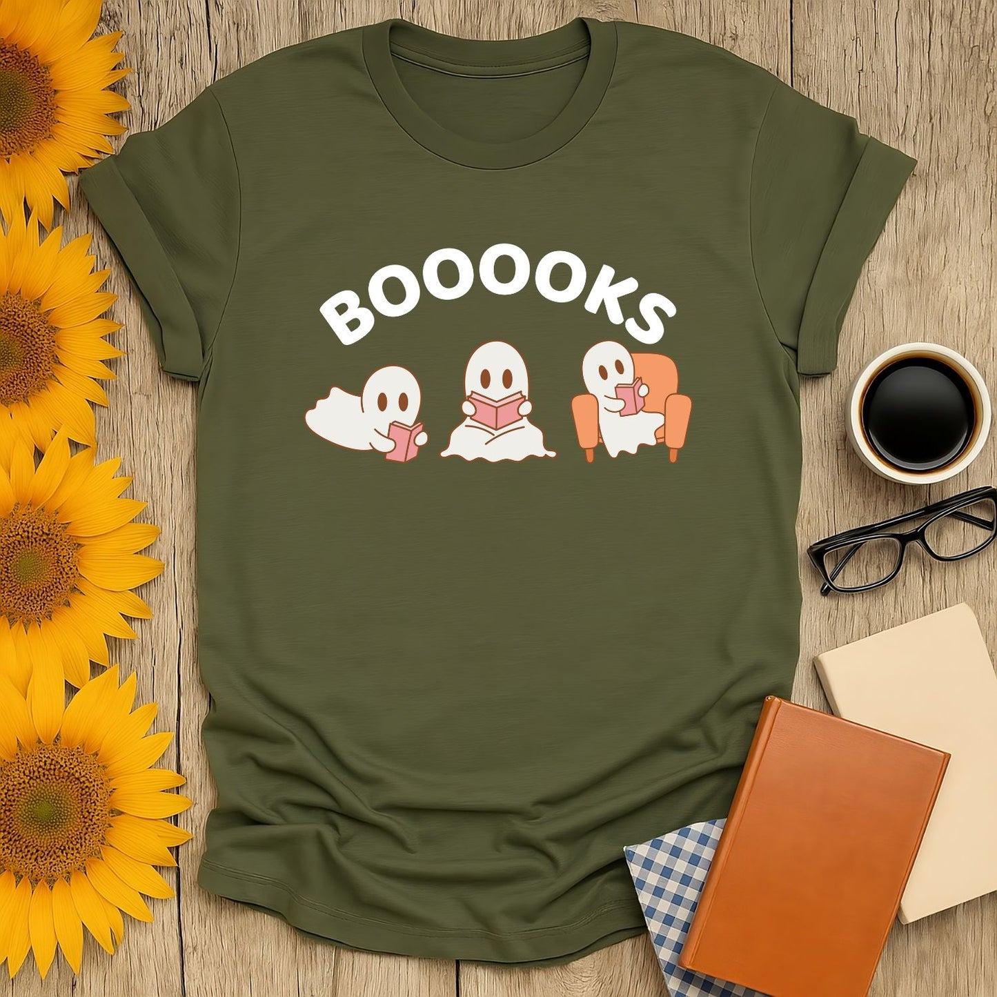 Booooks T-Shirt featuring cute ghosts reading, perfect for book lovers, designed for comfort and style.