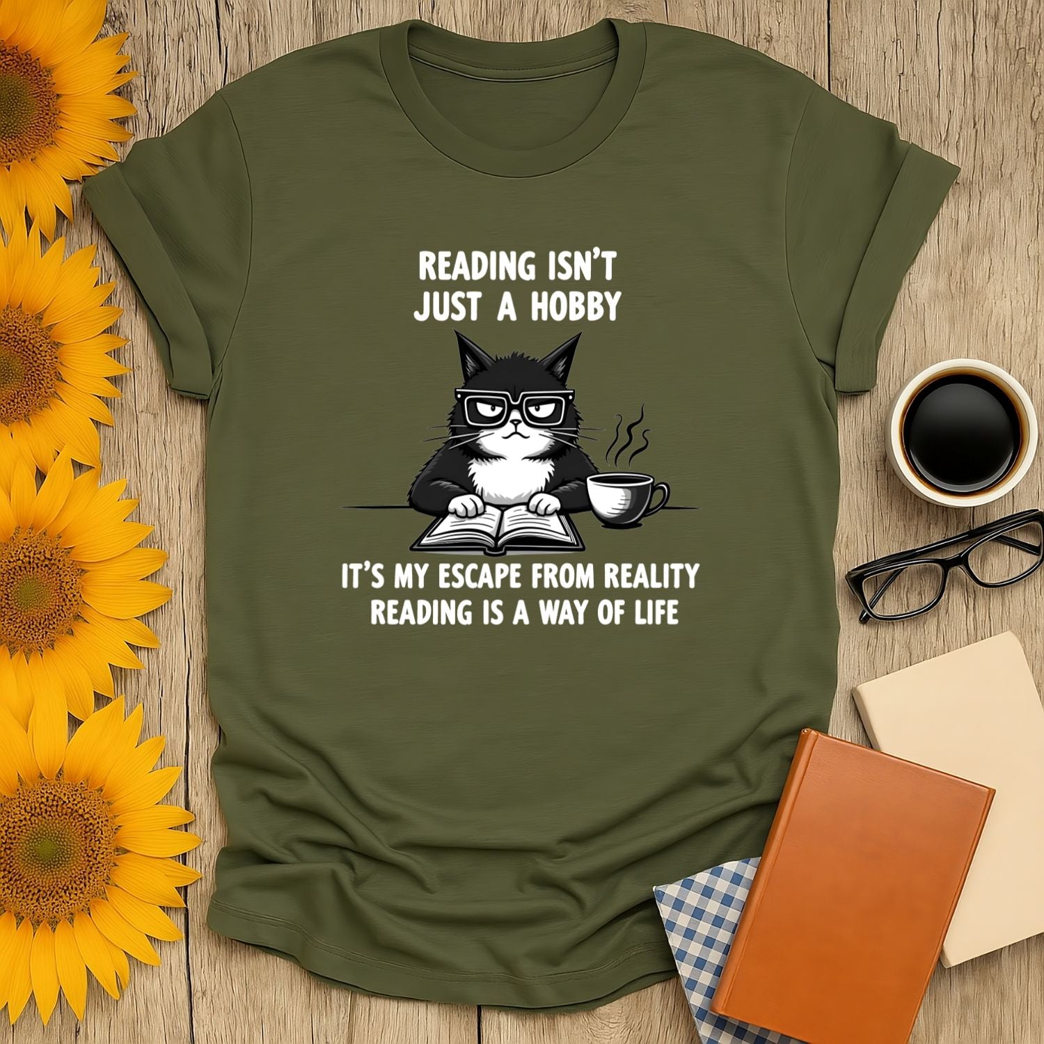 Grumpy book cat t-shirt for book lovers, featuring playful text about reading being a way of life.