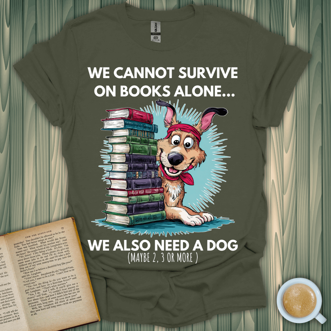 Funny Books & Dogs T-Shirt for book lovers, featuring a playful dog with stacked books design.