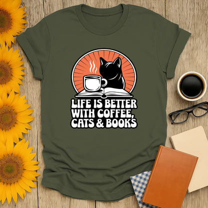Cozy book lover t-shirt featuring a cat, coffee cup, and the text 'Life is better with coffee, cats & books'.