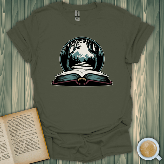 Whispers Of The Wild T-Shirt featuring a scenic book design, perfect for book lovers who appreciate nature.