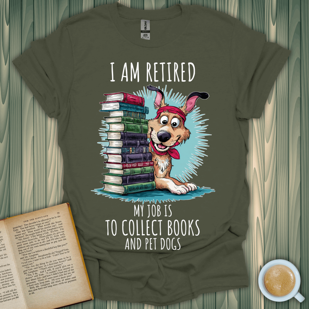 Retired & Bookish T-Shirt featuring a dog with books, perfect for book lovers and pet enthusiasts.