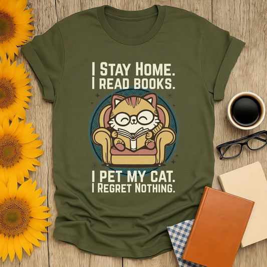 Retro Cat Reader T-Shirt featuring a cute cat reading in an armchair with the text about cozy bookish vibes and cat love.