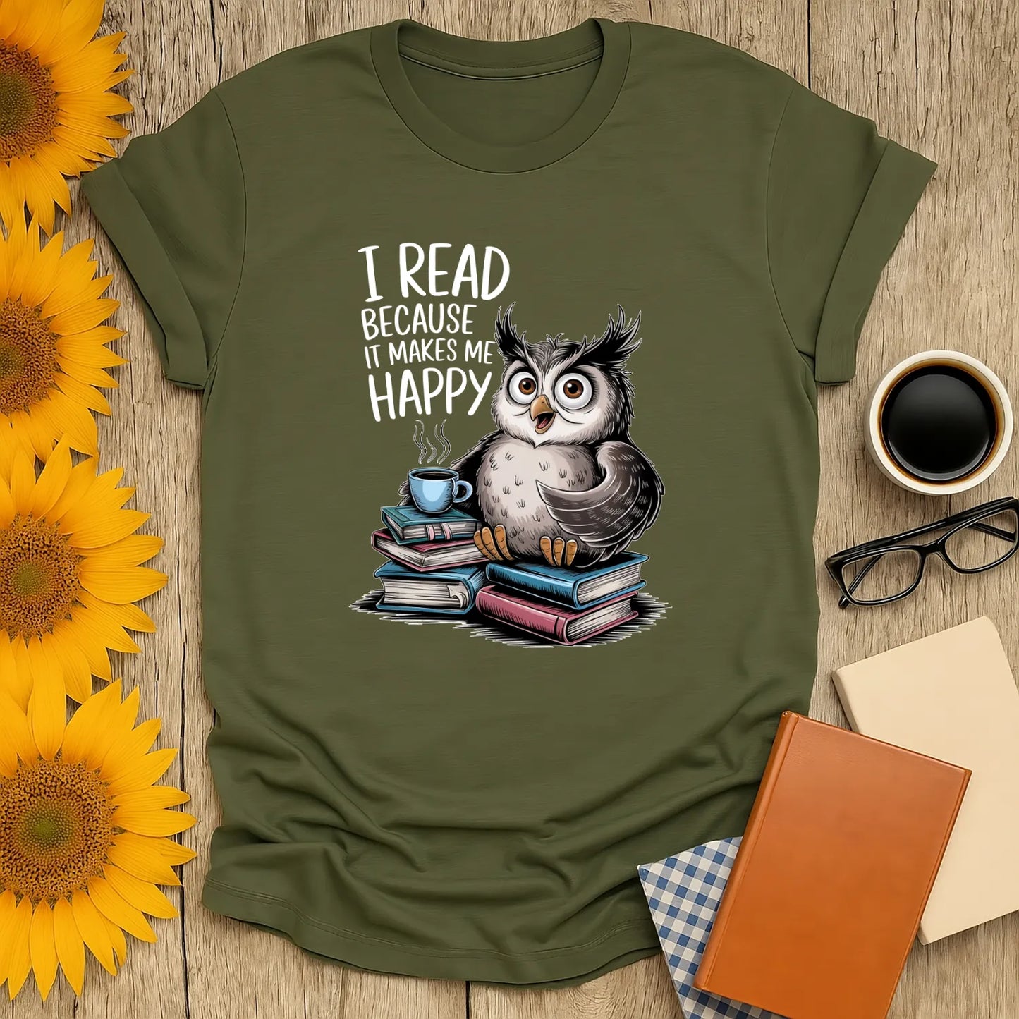 Happy Reader T-Shirt featuring an owl on books, cozy reading vibes, perfect gift for bibliophiles 📖.