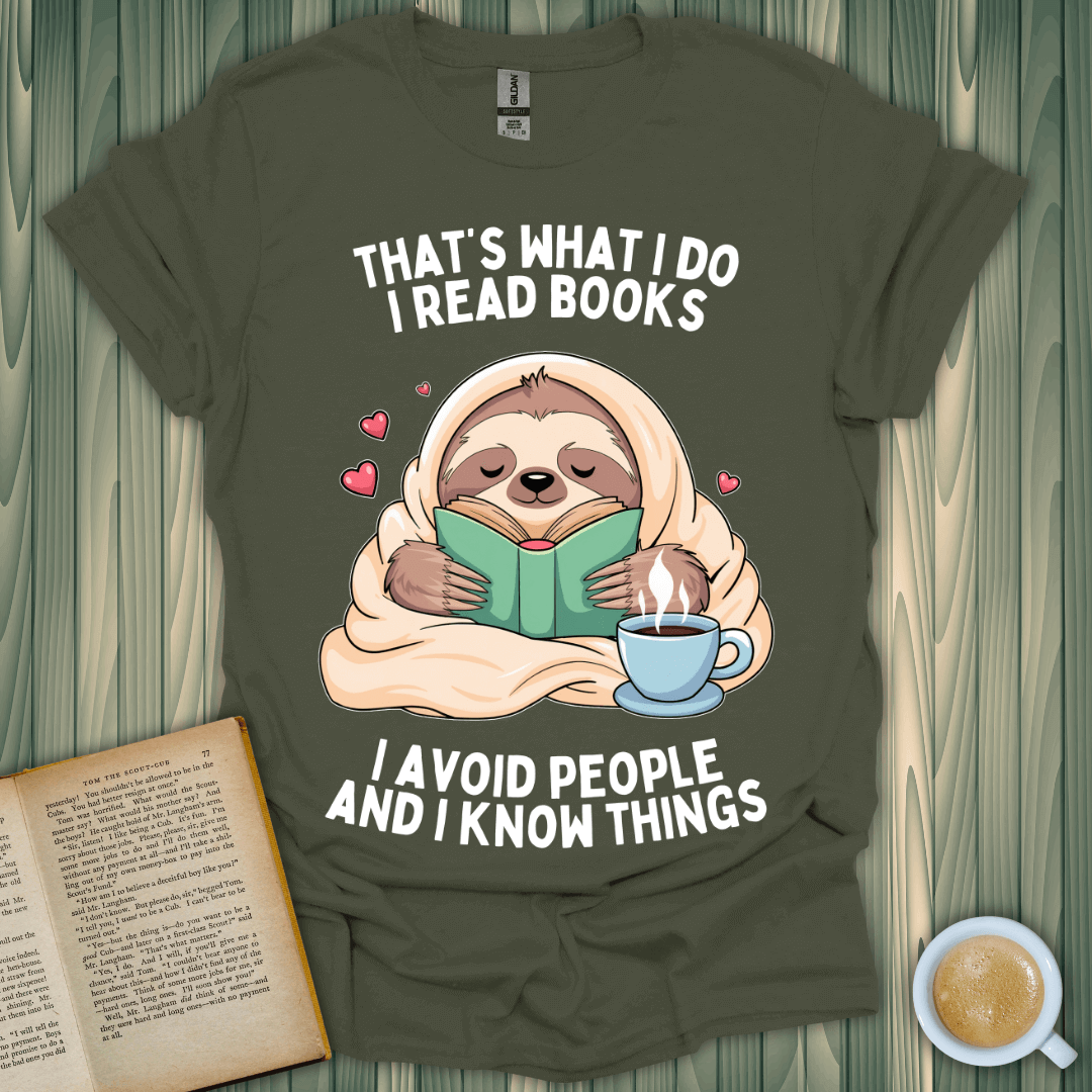 Cute sloth reading a book on a cozy tee, perfect for book lovers who enjoy comfort and fun designs.