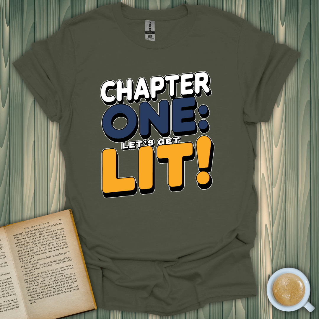 Chapter One Lit T-Shirt in olive green, perfect for book lovers; soft, breathable fabric for a comfortable fit.