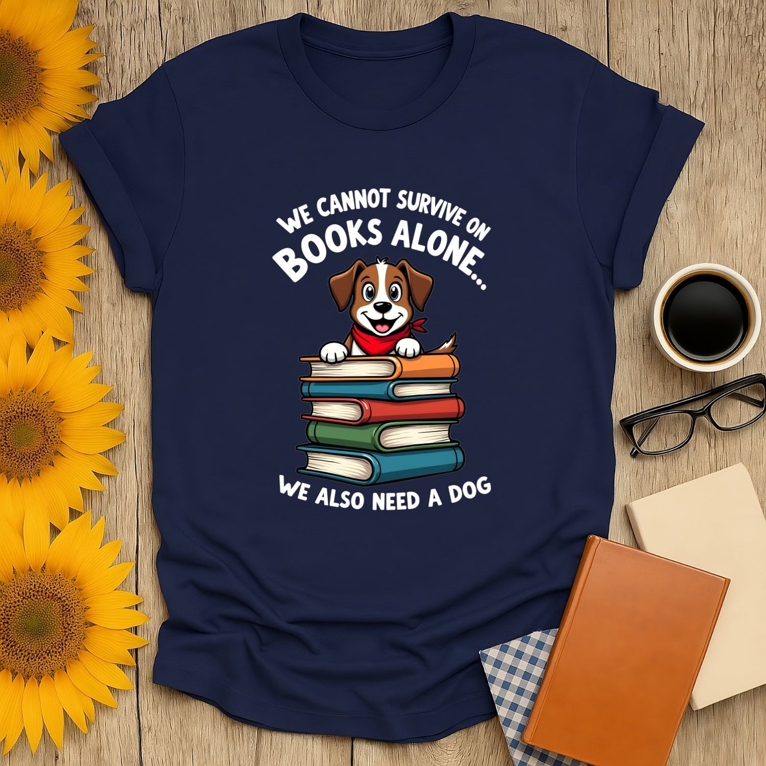 Pup Page Turner T-Shirt featuring a dog and books, perfect for book lovers and dog owners.